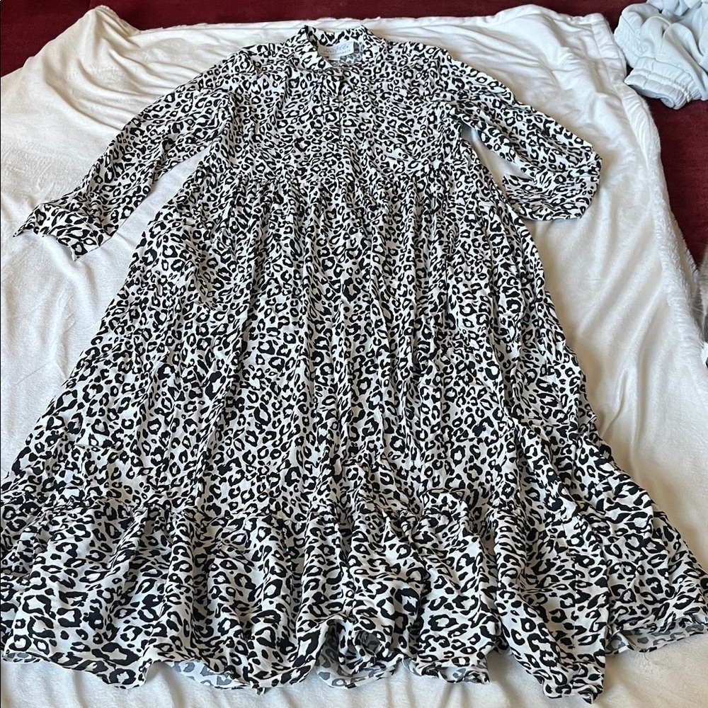 Anthropologie Mare Mare Lynda Maxi Dress Black White Leopard Ruffle Pockets - Picture 3 of 9